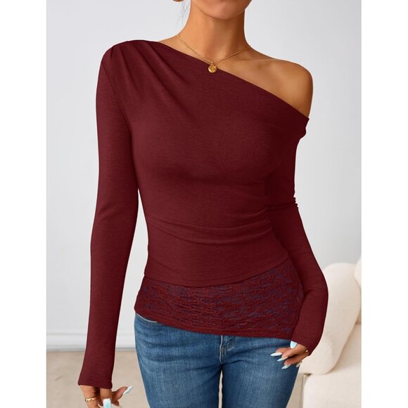 Women's Wine Long Sleeve Off Shoulder Tops Casual Boat Neck Lace Shirts Blouses - Picture 3 of 5
